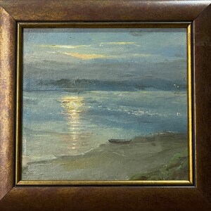 Een helder beeld van de Zwarte Zee, "Dawn on the Coast of Odessa", origineel vintage olieverfschilderij van de Oekraïense Sovjetkunstenaar - Zhurakovsky V. afbeelding 4