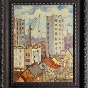 Skorlupin E, pintura impressionista "Construção de novo microdistrito" pintura a óleo vintage original do artista ucraniano soviético, única
