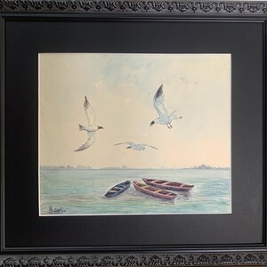Makarchuk Ada, brillante pintura expresionista "Barcos de pesca", pintura de acuarela vintage original del artista ucraniano soviético, única en su tipo.