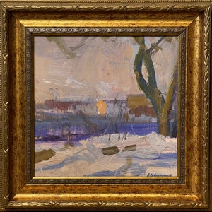 Victor Sevastyanov, pintura a óleo impressionista brilhante "Pôr do sol de inverno" pintura vintage original artista ucraniano soviético de Odessa, emoldurado