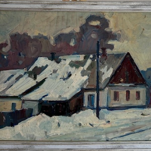 Pavel Dobrev, Bright impressionistic oil painting &quot;Winter in Zaporozhye&quot; original vintage oil painting, Ukrainian Zaporozhye artist, framed