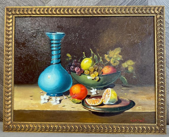 果物の静物 油彩画 木製フレーム付き 油彩画 果物の静物 木製フレーム