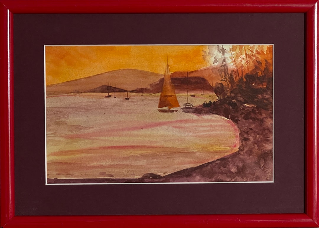 額装された帆船と夕日の水彩画 – ウクライナ人画家、2000年代 - Etsy 日本