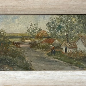 Pintura a óleo impressionista brilhante "Vovó no jardim" pintura a óleo vintage original artista soviético ucraniano Vinnitsa, em moldura de madeira