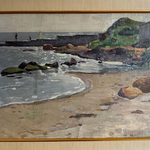 Gorbenko, Pintura al óleo brillante de estilo impresionista "Muelle. Vista del mar", pintura antigua original de un artista ucraniano soviético, en marco