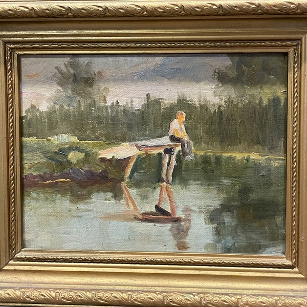 Bright oil painting in the style of impressionism "On the masonry near the water" original vintage painting by a Soviet Ukrainian artist