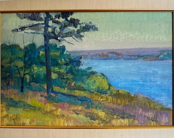 Pavel Dobrev, Bright impressionistic oil painting "Slopes of the Dnieper" original vintage oil painting, Ukrainian Zaporozhye artist, framed