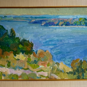 Pavel Dobrev, Bright impressionistic oil painting &quot;Slopes of the Dnieper&quot; original vintage oil painting, Ukrainian Zaporozhye artist, framed