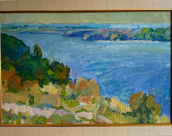 Pavel Dobrev, Bright impressionistic oil painting "Slopes of the Dnieper" original vintage oil painting, Ukrainian Zaporozhye artist, framed