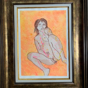 Pintura impresionista brillante del autor "NU japonesa", acuarela vintage original de artista ucraniano soviético, pieza única, enmarcada