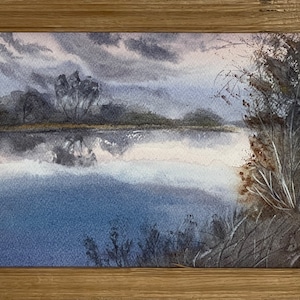 Vivace dipinto ad acquerello espressionista "Forest Lake", dipinto originale dell'artista ucraino sovietico - Odessa, cornice in quercia