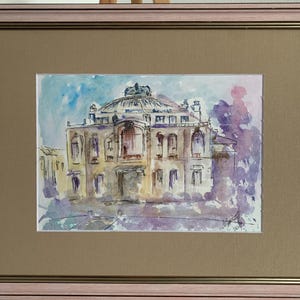 Dipinto impressionista luminoso "Teatro di Odessa", acquerello originale d'epoca dell'artista sovietico ucraino, in cornice con passe-partout