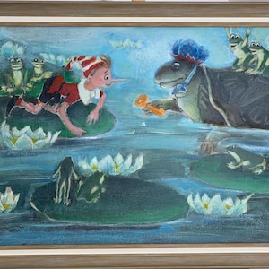 Bogolyubov S., Pintura vanguardista de cuento de hadas al óleo brillante "Llave de oro", pintura al óleo original del artista ucraniano, única en su tipo, en un marco elegante.