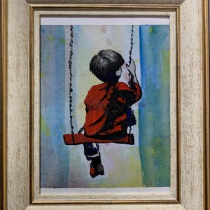 Dipinto espressionista luminoso dell'autore "Ragazzo sull'altalena", acquerello originale d'epoca, artista sovietico ucraino, pezzo unico