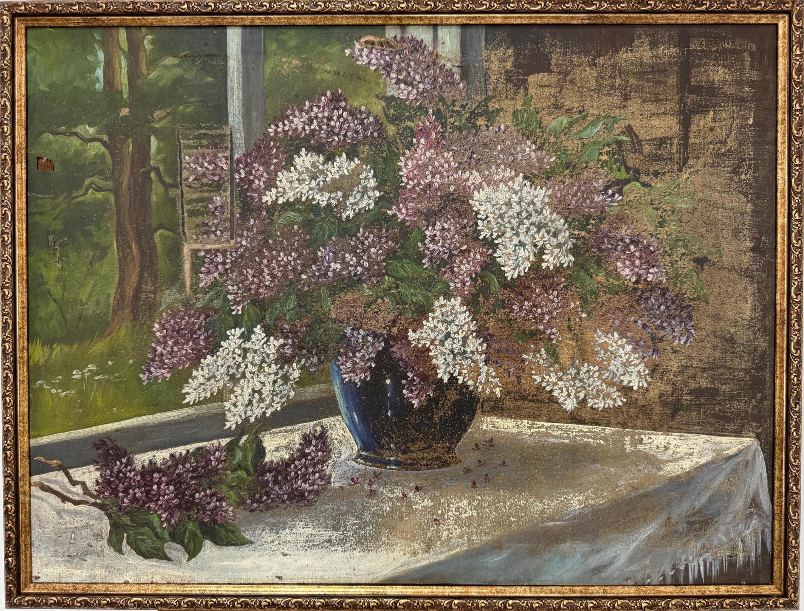 アンティーク印象派の油絵「磁器の花瓶に入ったライラックの花束
