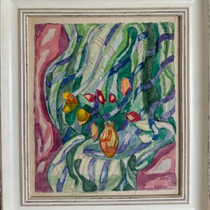Zinaida Gaiduk, pintura cubista vívida "Ramo de hermosas flores secas", pintura original de acuarela vintage artista ucraniano soviético