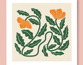 California Poppies Art Print: Retro Matisse-Inspired Botanical Wall Art