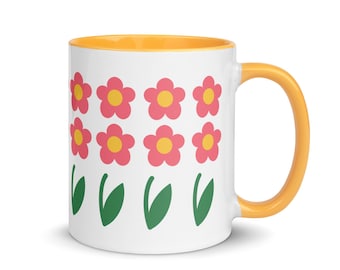 Retro Minimalist Pink Daisy Mug with Yellow Handle | Ceramic Floral Coffee & Tea Cup