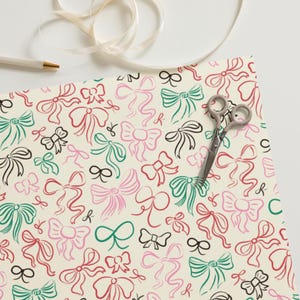 Carta da regalo Coquette - Fiocchi natalizi, set da 3 fogli, carta da regalo alla moda, design con nastro vittoriano, carta da artigianato femminile, rivestimento per cassetti