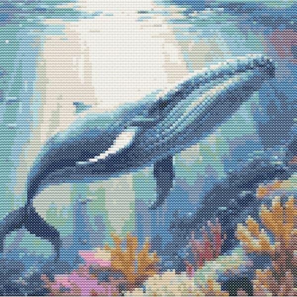 Whale among the sea in a coral reef - minimalistic cross stitch chart - underwater life embroidery pattern - instant PDF file download