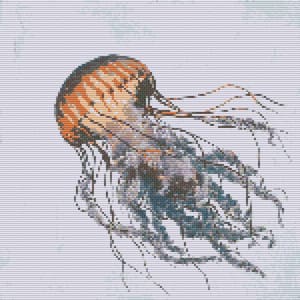 Jellyfish among the sea - minimalistic cross stitch chart - underwater life embroidery pattern - instant PDF file download