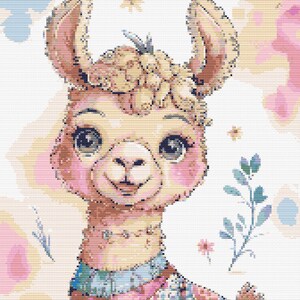 Può includere: Illustrazione in stile acquerello di un lama sorridente. Il lama ha un mantello marrone chiaro, guance rosa e grandi occhi espressivi. Indossa un abito decorativo blu e rosa. Accenti floreali e di foglie circondano il lama.