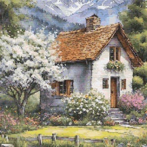 Gráfico de ponto cruz – Bela paisagem. Casa na colina. Compatível com PK, arquivo PDF, cruz simples, diagramas claros, padrão de crochê, tapeçaria simples.
