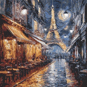 Può includere: Un dipinto dettagliato di una scena di strada parigina di notte, con la Torre Eiffel sullo sfondo. L'opera d'arte mostra una strada acciottolata bagnata che riflette il bagliore caldo delle luci dei caffè e i toni freddi del cielo notturno.