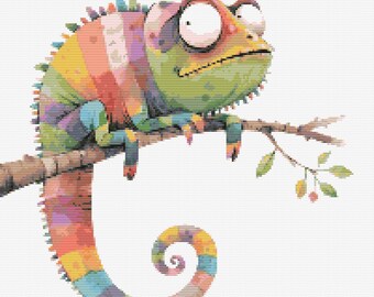Cross stitch chart – Cartoon bright chameleon on a branch.PK compatible,PDF file,simple cross,clear diagrams,crochet pattern,simple tapestry