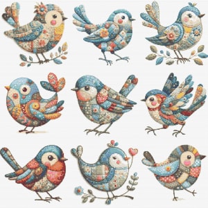 Op de afbeelding: Negen kleurrijke vogelillustraties met patchwork-ontwerpen. Elke vogel heeft een unieke combinatie van blauwe, oranje, gele en bloempatronen. Ze worden in verschillende poses afgebeeld, sommige op takken, andere met uitgespreide vleugels.