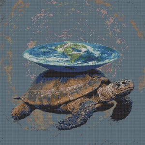 May include: A large turtle carrying the Earth on its back. The Earth is depicted as a blue and green globe with clouds. The turtle is brown with a textured shell and is standing on a blue background.