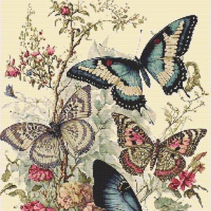 Gráfico de ponto cruz – Borboletas com hortênsia rosa. Compatível com PK, arquivo PDF, ponto cruz simples, diagramas claros, padrão de crochê, tapeçaria simples.