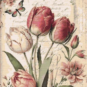 Gráfico de ponto cruz – Tulip Flowers, inspirado em antiguidades. Compatível com PK, arquivo PDF, ponto cruz simples, diagramas claros, padrão de crochê, tapeçaria simples.