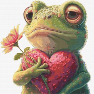 May include: A green frog holding a large pink heart and a pink flower. The frog has large, expressive eyes and a sweet expression.