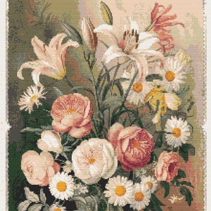 Kruissteekkaart – vintage kaart Mooi boeket met lelies en madeliefjes, eenvoudig kruis, duidelijke diagrammen, haakpatroon, eenvoudig tapijt