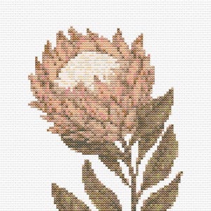 Gráfico de ponto cruz – Protea em cores pastéis. Fundo branco. P K, arquivo PDF, cruz simples, diagramas claros, padrão de crochê, tapeçaria simples