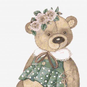 Gráfico de ponto cruz – Ursinho de pelúcia em um vestido verde. Compatível com Pattern Keeper, PDF, cruz simples, diagramas claros, padrão de crochê, tapeçaria simples