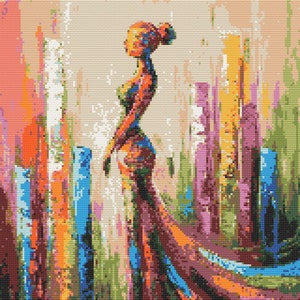 May include: A colorful abstract painting of a woman in a flowing gown. The background is a mix of vertical lines in shades of orange, yellow, blue, green, and purple.