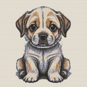 Cross stitch chart – Cute chubby puppy. White reddish brown spots., PDF file design, instant download, crochet pattern, simple tapestry