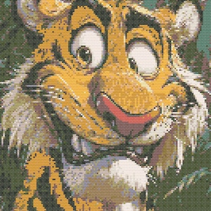 Op de afbeelding: Een cartoon-tijger met oranje en zwarte strepen, witte vacht rond zijn nek en een brede, tandenrijke grijns. De ogen van de tijger zijn wijd open en zijn tong steekt uit.