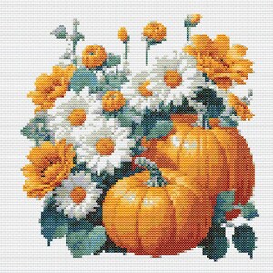 Kruissteekkaart – Halloween-pompoencompositie met veel bloemen, madeliefjes, decor voor regenseizoen PDF-bestandsontwerp, direct downloaden