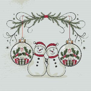 Op de afbeelding: Een feestelijke kerstillustratie met twee sneeuwmannen met rode hoeden en sjaals, staand onder een takje groenblijvend. Twee heldere ornamenten met hulst- en cadeau-ontwerpen hangen aan weerszijden, waardoor een vakantiethema ontstaat.