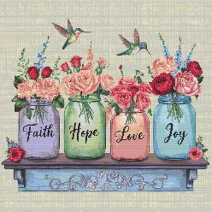 Pode incluir: Quatro frascos de vidro com flores e beija-flores, cada frasco tem uma palavra: Fé, Esperança, Amor, Alegria.
