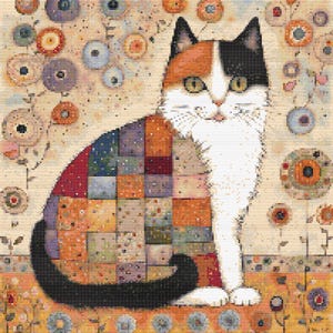 以下が含まれることがあります： パッチワークの体を持つ猫のクロスステッチ風画像。猫は白い胸、顔、足を持ち、頭と耳にはオレンジと黒の模様があります。背景には、オレンジ、青、紫の色合いの様式化された花が描かれています。