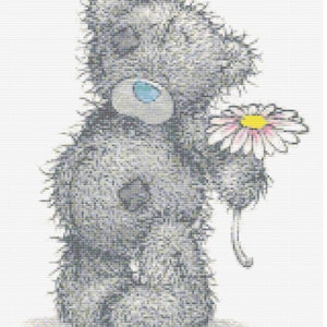 May include: A cross-stitch pattern of a gray teddy bear with a light blue nose and a dark gray patch on its chest. The bear is holding a single daisy flower with white petals, a yellow center, and a thin green stem against a white background.