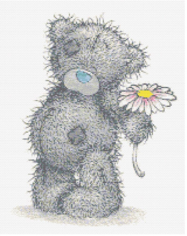 May include: A cross-stitch pattern of a gray teddy bear with a light blue nose and a dark gray patch on its chest. The bear is holding a single daisy flower with white petals, a yellow center, and a thin green stem against a white background.