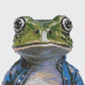 Może przedstawiać: Zielona żaba w niebieskiej dżinsowej kurtce. Żaba ma duże, czarne oczy i szeroki, zębaty uśmiech.