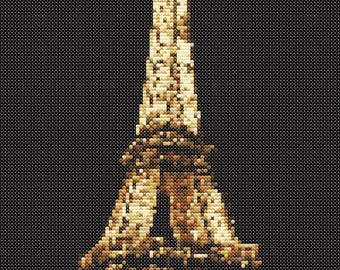 Patrón de punto de cruz de la Torre Eiffel, decoración de pared nocturna de París, monumento de Francia, gráfico de punto de aguja contado, descarga en PDF, Pattern Keeper City Art Aida