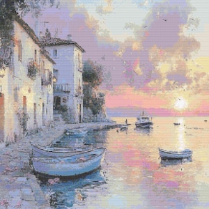 Gráfico de ponto cruz – Pôr do sol no Mar Mediterrâneo. Em cores claras, arquivo PDF, cruz simples, diagramas claros, padrão de crochê, tapeçaria simples