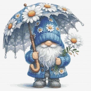 Gráfico de ponto cruz – Gnomo em azul. Guarda-chuva. Margaridas. Compatível com PK, arquivo PDF, cruz simples, diagramas claros, padrão de crochê, tapeçaria simples.